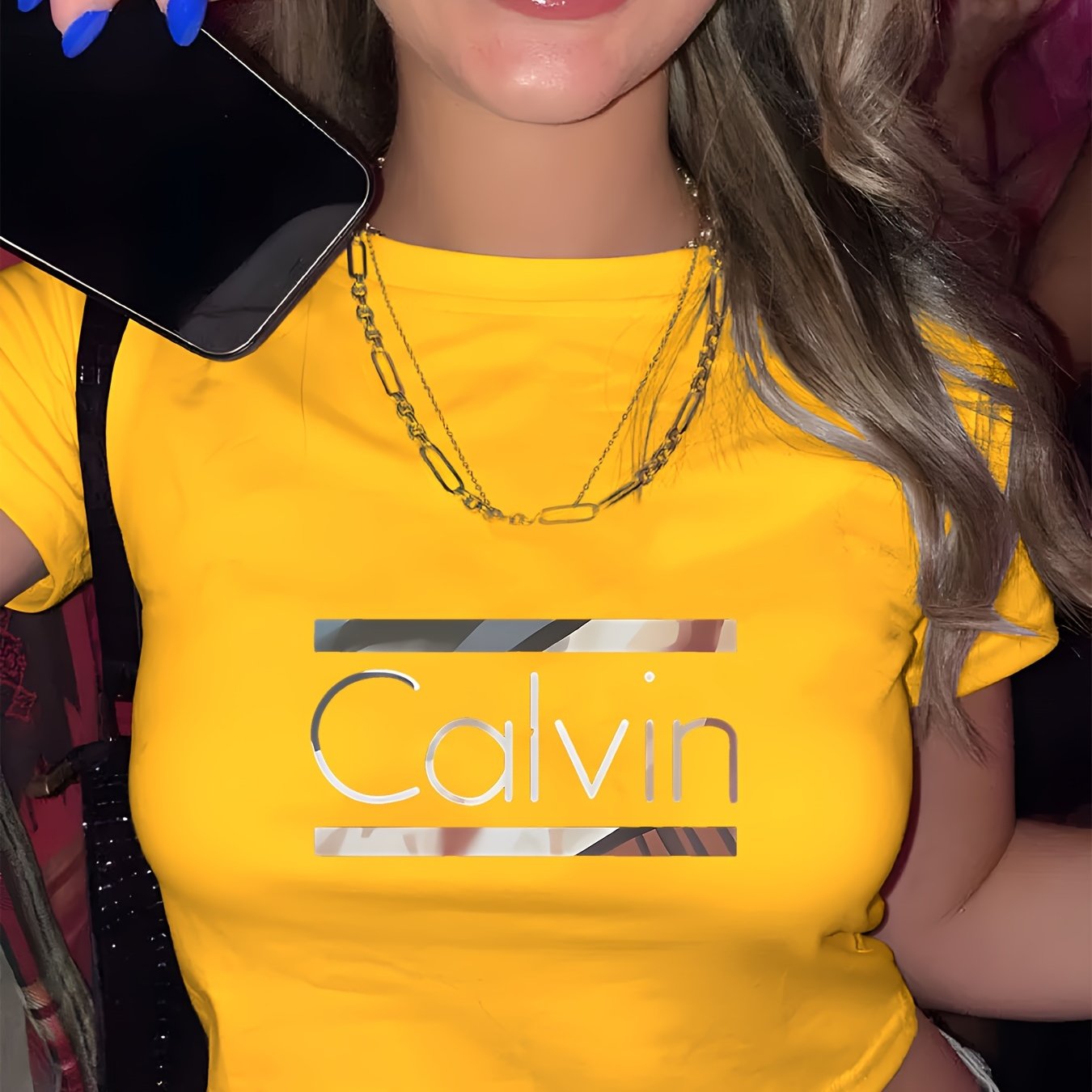Women's Y2K Cropped T-Shirt - White Short Sleeve Round Neck Top with Bold CALVIN Graphic Print, Machine Washable Spring Summer Casual Streetwear Fashion, Ladies T Shirts, Casual Attire, Trendy Women's Tee, Relaxed Fit Shirt